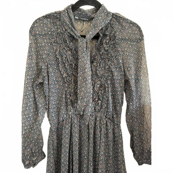 Zara Chiffon Dress Floral Tie Collar Size Medium NEW NWT - Picture 3 of 9